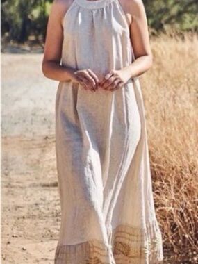 Haris Cotton halter neck maxi linen dress, beige sand